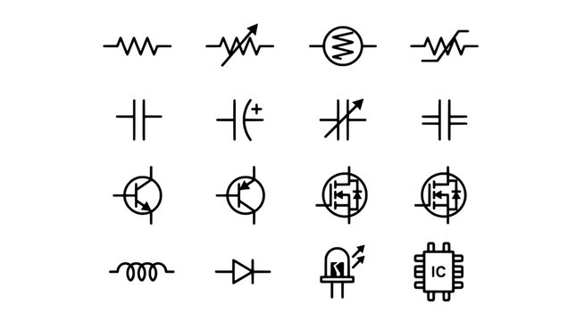Diagram circuit icon set with electrical waves, switches, logic flow, and energy symbols for tech infographics