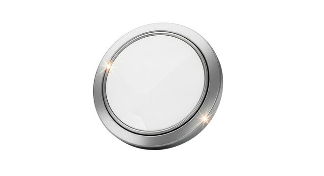 A circular, metallic button with a glossy white center and beveled silver rim isolated on a solid black background