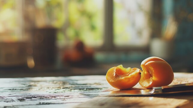 Close up of peeled apricot with knife on worn vintage kitchen table, blurred retro summer apartment interior, warm natural sunlight, soulful