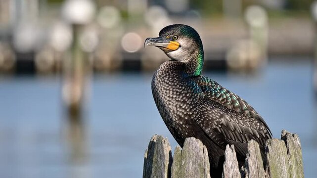 Graceful cormorant perched on weathered wooden pilings with iridescent plumage, observing its surroundings near water