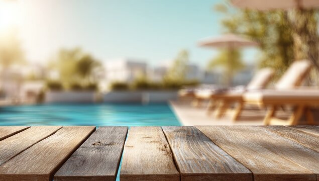 Wooden Table Surface with Blurred Tropical Resort Poolside Ambiance.