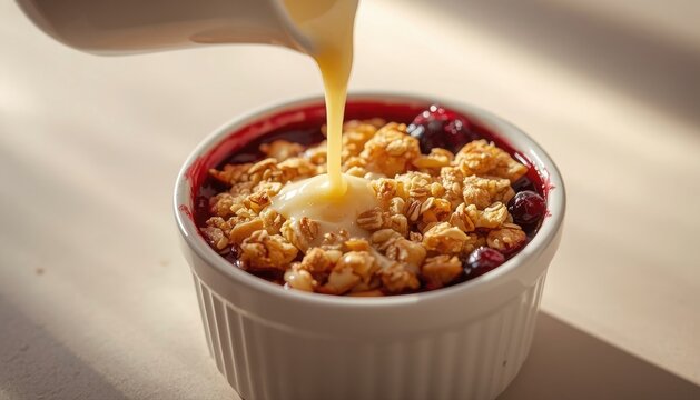Fruit crumble with custard being poured over the top baked good food photography delicious close up isolated cheesecake chocolate cinnamon danishes desserts doughnut