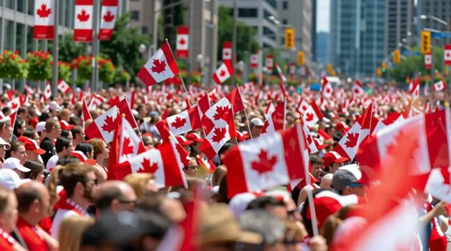 A large crowd waves Canadian flags during a national celebration. The scene is vibrant with red and white colors, showcasing patriotism and unity.