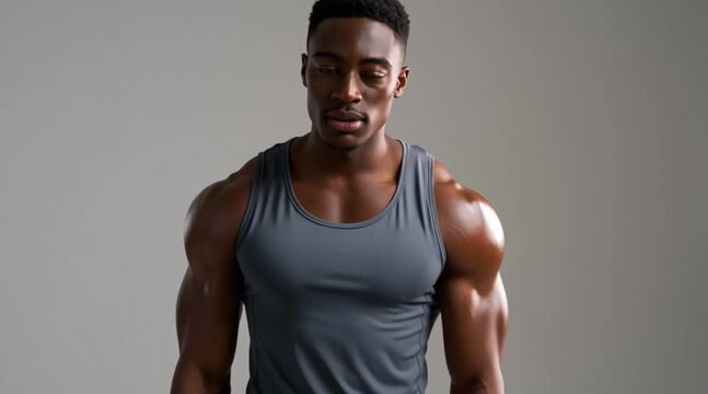 A young African man with a muscular build stands confidently in a gray tank top. He has short hair and a serious expression, showcasing strength and fitness.