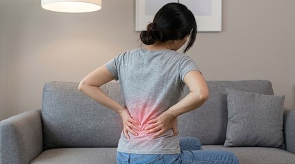Obraz premium Woman suffering from back pain sitting on a sofa in a modern living room setting
