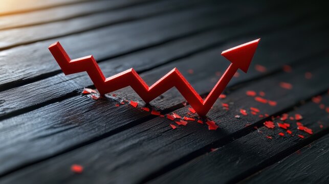 Business recovery concept with rising arrow after decline on dark background