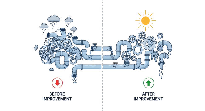 Before and after comparison of a complex system, illustrating improvement.