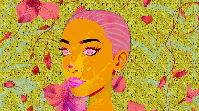 Sfondo con volto di donna e fiori