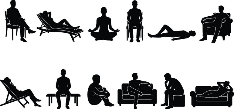 Relaxing people silhouettes set with men and women sitting lying meditating and leisure activity poses