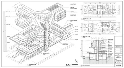 Fototapeta premium Architectural drawing of multi‑level building complex with isometric projection, interconnected volumes, vertical cores, cantilevered sections, orthographic floor plans, sectional views, and technical