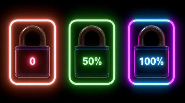 Digital representation of security levels with locks and progress indicators in neon colors