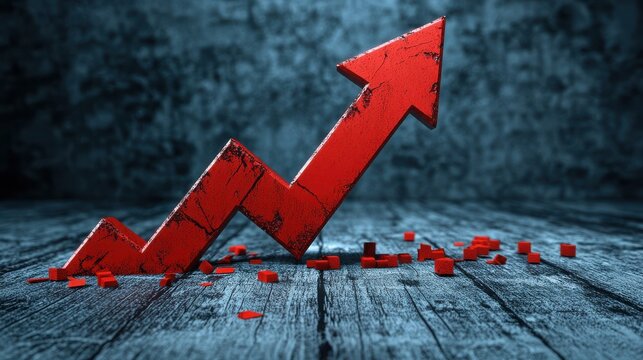 Business growth and recovery concept with upward arrow and broken arrow on wooden surface