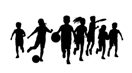 Obraz premium Black silhouettes of kids playing soccer and basketball isolated on transparent background, Vector