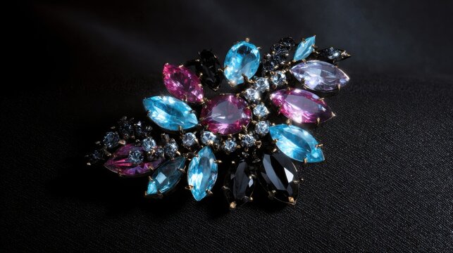 Modern luxury brooch with gemstones on deep black background, soft reflections and dramatic lighting, high fashion jewelry aesthetic, ultra realistic