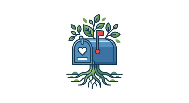 Vibrant Illustration of a Blue Mailbox Growing into a Tree, Symbolizing Eco-Friendly Communication, Nurturing Relationships, and Sustainable Delivery