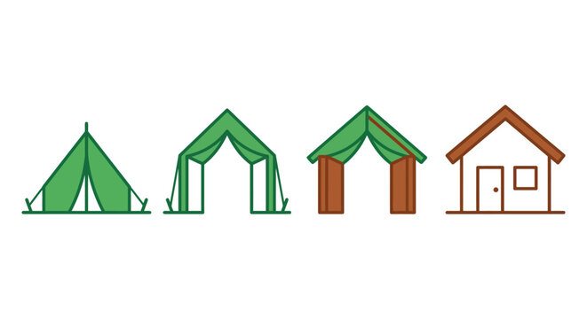 Vector illustration of outdoor shelters: classic tent, open tent, rustic cabin, and simple house icons. Camping, housing, nature living.