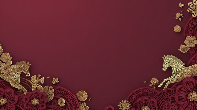 Intricate gold floral pattern with red and green accents on rich maroon background