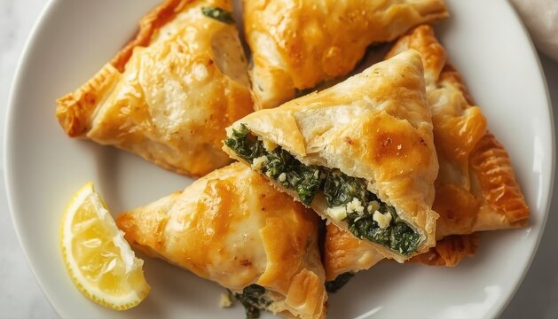 Golden spinach and feta pastries with lemon wedge phyllo dough golden brown baked goods mediterranean food greek food balkan food middle eastern food main course light meal party food