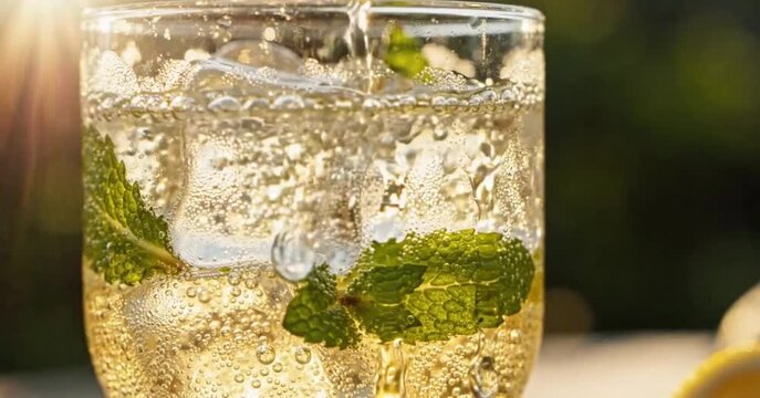 Refreshing Ginger Ale or Soda Pouring into Glass with Ice Cubes and Fresh Mint Leaves, Close-up under Bright Sunlight, Cold Summer Beverage Concept