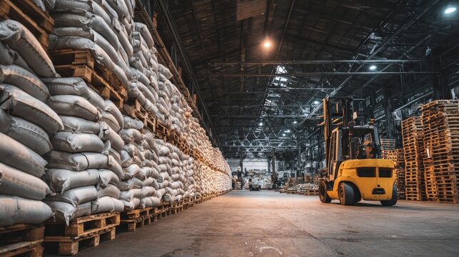 Vast warehouse interior with towering sacks on pallets and a yellow forklift