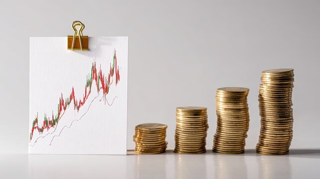 Upward trending financial graph on paper clip held note beside stacked coins
