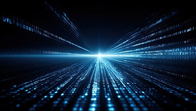 Digital stream of binary code and light converges to a bright central vanishing point