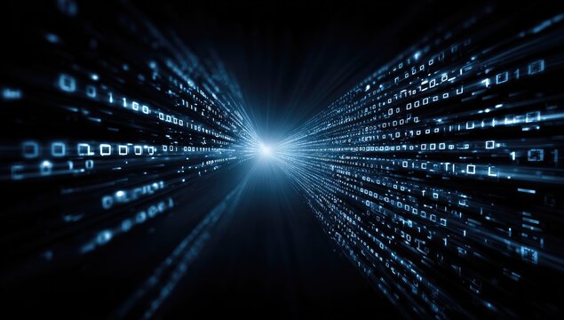 Digital stream of glowing binary code rushing towards a bright light