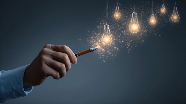 Hand holding pen pointing at glowing lightbulbs, sparking creativity