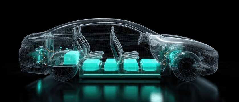 Transparent automotive cutaway reveals electric powertrain and battery components