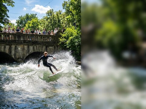 Athletic Surfer on Eisbach River Wave Munich Bavaria Summer