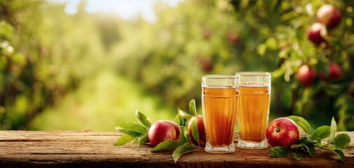 Fototapeta premium The Apple Juice Glasses on a Rustic Wooden Table with Fresh Ripe Apples
