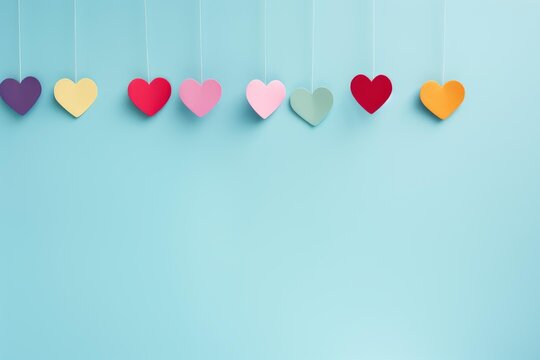 Diverse colored paper hearts suspending in a row against a light blue backdrop