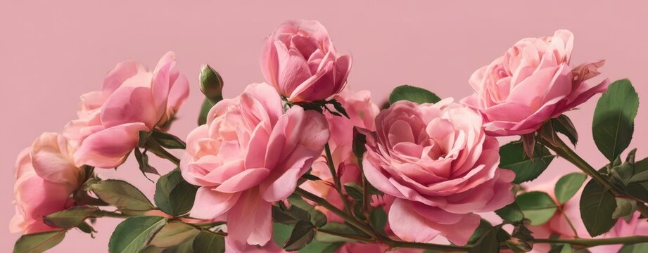 The Roses on a Delicate Branch Against a Soft Pastel Pink Background