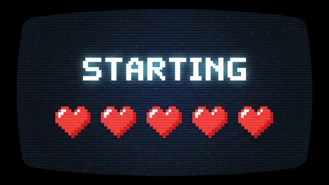 Retro video game starting screen with pixelated hearts and text