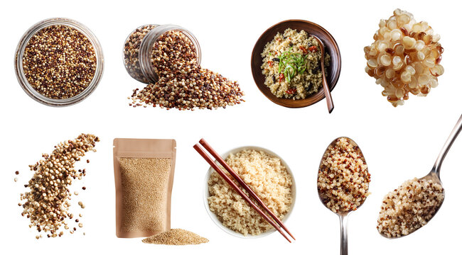 Set of Quinoa grain seeds, flowering edible plant, chopstick, plastic bottle, wooden bowl spoon, resealable kraft standup pouch bag, raw cook fly pile stack, transparent cutout PNG mockup