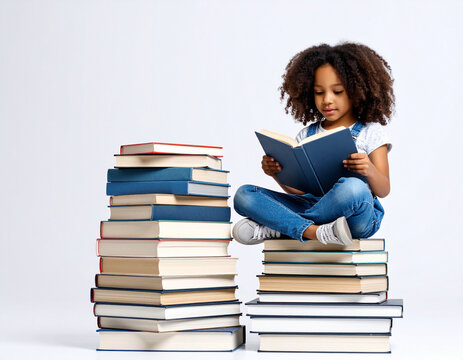 Ni&ntilde;a peque&ntilde;a leyendo un libro sentado sobre una gran pila de libros, escena educativa con fondo neutro, concepto de aprendizaje, lectura infantil, desarrollo intelectual y placer de leer
