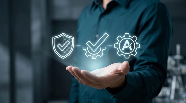Businessman holding digital hologram icons representing quality assurance compliance and security standards for modern corporate systems