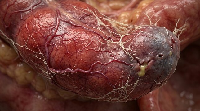 Close up view of internal human organs showing intricate blood vessels and tissue detail