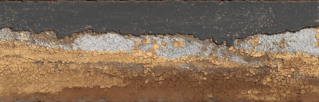 Dark, textured layers of peeling paint and rough material reveal weathered surfaces