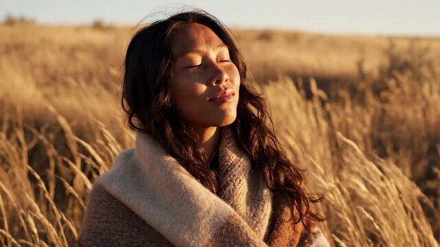 Native American woman wrapped in soft wool shawl standing in golden prairie grass, peaceful closed eyes, warm sunset glow, serene outdoor wellness portrait with natural wind and countryside mood