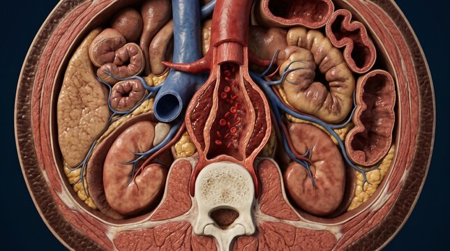 Anatomical cross section displays human kidneys adrenal glands aorta vena cava and spinal vertebra