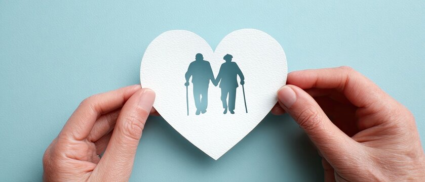 White heart with elderly couple silhouette held by hands on blue