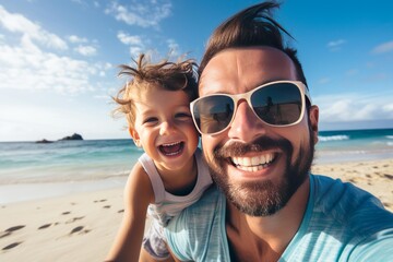 Obraz premium Happy father and son bonding on a sunny beach, smiling broadly for a selfie