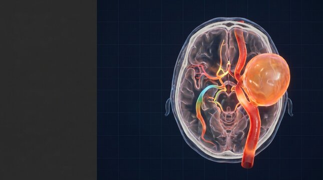 Human brain showing arterial aneurysm cross section with circulatory system highlighted