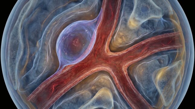 Close up 3D illustration of a brain aneurysm near blood vessels with transparent surrounding brain tissue