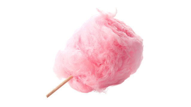 A fluffy sweet pink cotton candy cloud treat on a small wooden stick accessory isolated on transparent background