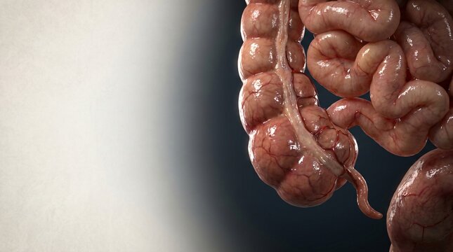Detailed close up of human intestines with visible blood vessels against a gradient background