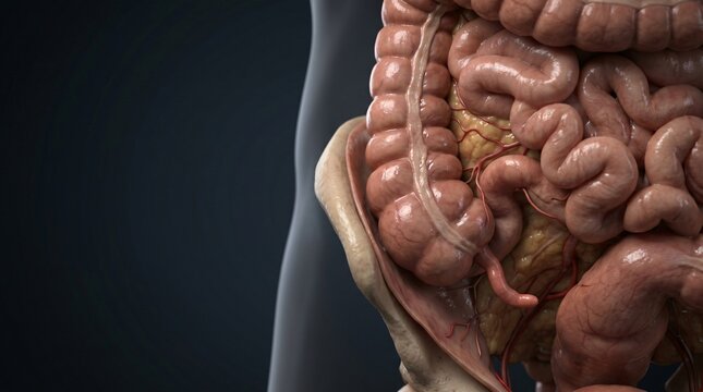 Detailed anatomical illustration of the human intestines and digestive tract in a 3D render