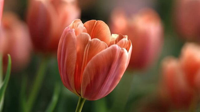 Pink tulips open in a garden as bees visit flowers in bright sunlight during spring days, showcasing natures beauty and activity.