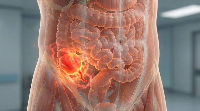 Anatomical illustration of human intestines showing an inflamed appendix with pain